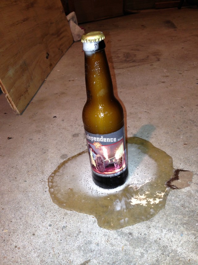 A Greek Tragedy....the beers were packed tightly into the fridge. As I tried to liberate one next to this one....it bolted, landed on its head and leaked profusely. I was able to save a good portion of the contents! Insert smiley face here!