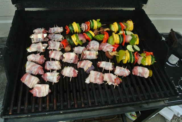 On the grill with Veggie Kabobs in an attempt to be healthy!