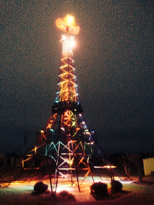 Eiffel Tower lit up with Christmas lights in Paris, Texas